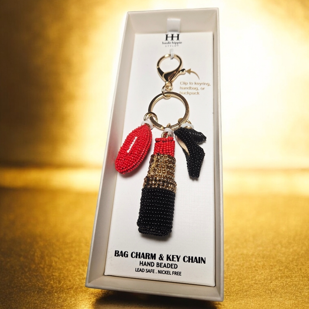 NEW Haute Hippie Red Lips Lipstick Black Heel Hand Beaded Bag Charm Keychain NWT